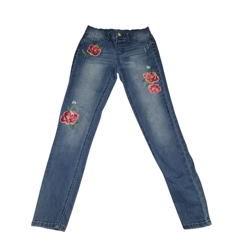 Justice Girls Denim Floral Embroidery Rose Applique Distressed Blue 14‎ Slim
